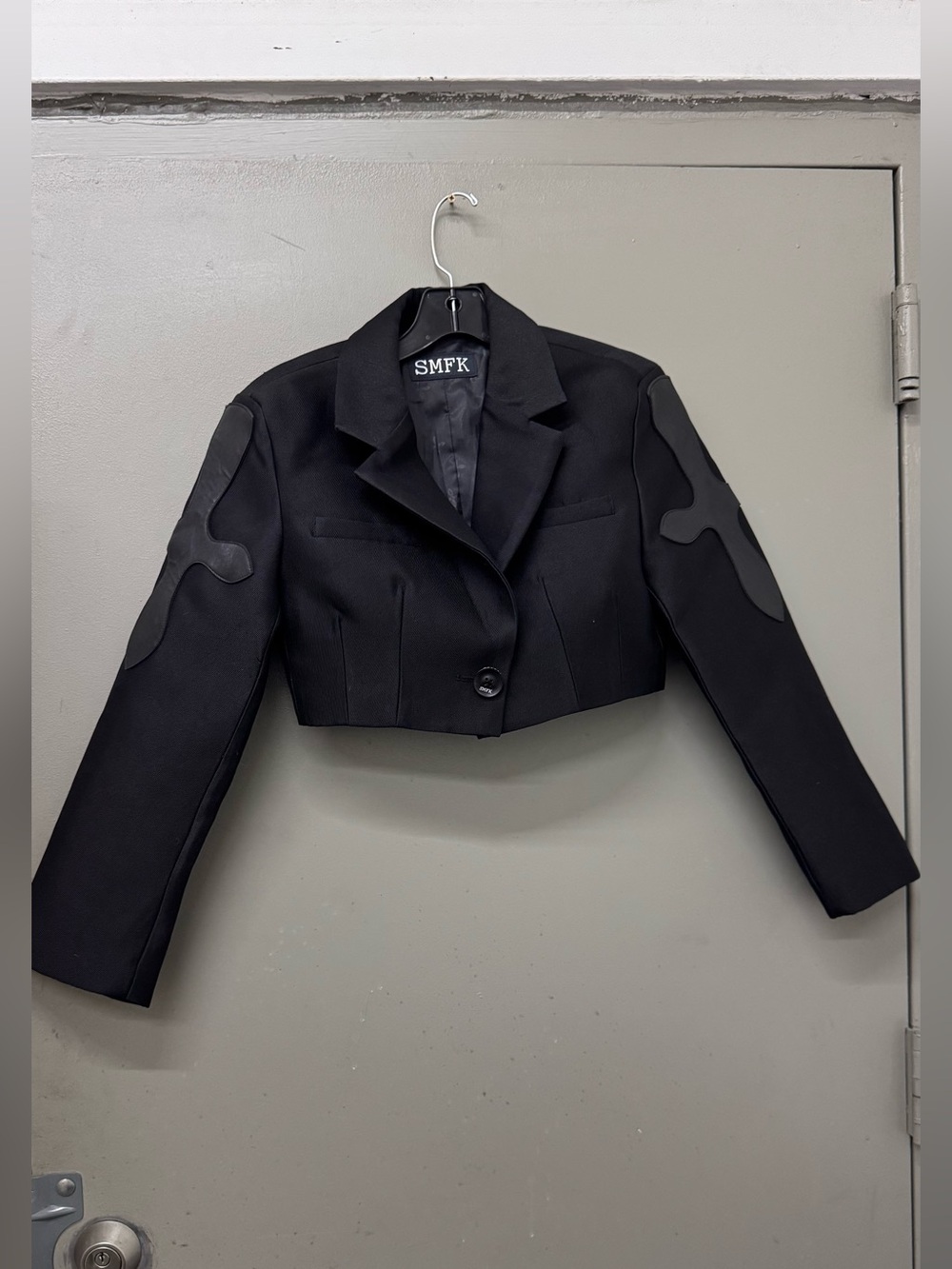 SMFK Cropped Blazer Jacket Womens Small Black Darkness Tattoo Applique Coat